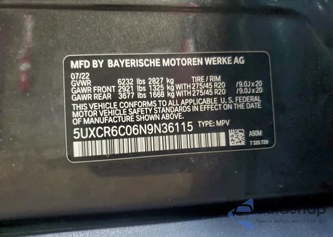 2022 BMW X5 xDrive40I from USA, damaged, VIN 5UXCR6C06N9N36115